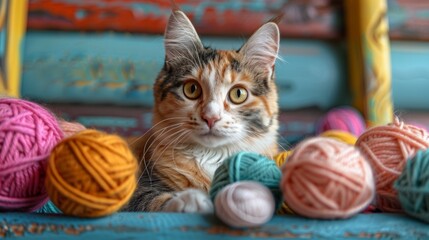 Cat Sitting Among Balls of Yarn