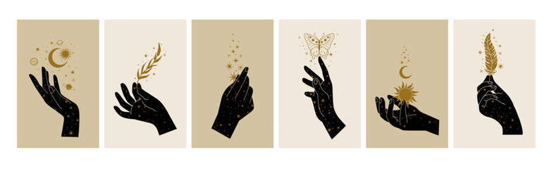 Mystical woman hands. Boho style esoteric and spiritual symbol. Doodle tattoo girl hand with stars. Alchemy objects, sun, moon, butterfly, floral branch. Vector set © Foxy Fox
