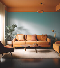 Interior of modern living room with orange sofa, coffee table and plants. 3D render