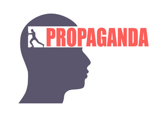 Ideology, agitation and propaganda concept illustration. Man pushing abstract wall and make tunnel inside head.