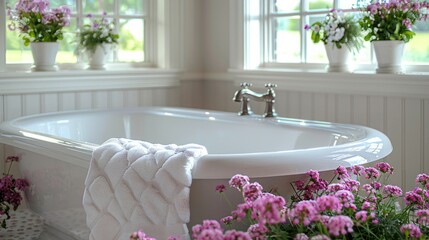 Bathtub Filled With Flowers in Front of Window