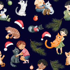 seamless pattern. Pine branch. boy is sitting with his pet. Asian Girl holds her red cat in arms. kitties playing with Christmas balls. Dark background. Cute characters New Year. for textile, wrapping