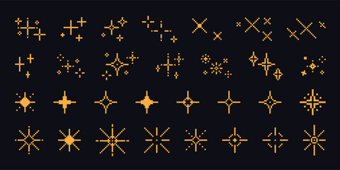 Pixel art stars. Comic 8-bit game space light. Retro decorative night pixelated sparkling elements. Yellow and gold star and glitter for mobile games. Vector set © Foxy Fox