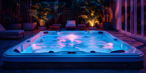 Blue Serenity Summer Relaxation Haven waterpool tub. - obrazy, fototapety, plakaty