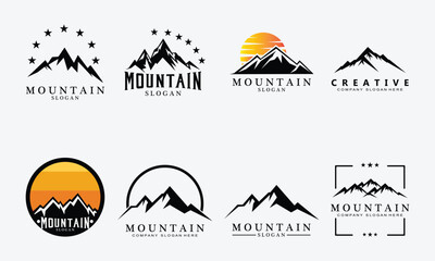 Mountain View logo vector design at sunrise for Outdoor Nature Adventure Vector and SVG