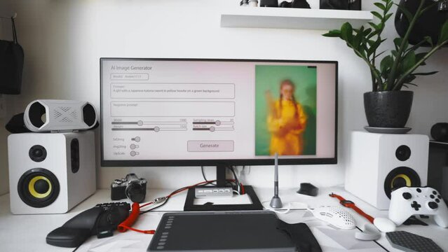 The artificial intelligence program generates an image according to a given prompt on a large monitor of a home computer. The chair is empty. Concept: AI replaces human creative work.
