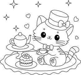 The cute cat is drinking tea coloring page. Cat character vector Illustration