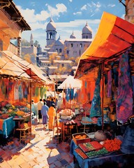 Digital painting of a market in Kathmandu, Nepal, with a view of the old city