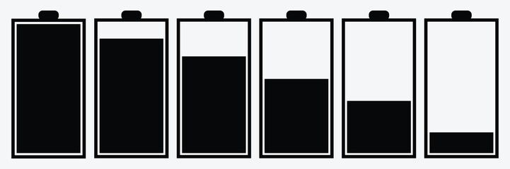 Battery icons set isolated on white background. level battery energy. Alkaline battery capacity charge icon. Battery charging charge indicator icon. Vector illustration. Eps file 76.