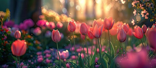 A vibrant field filled with pink tulips blooming alongside purple flowers. The colors blend together, creating a beautiful and colorful landscape. - obrazy, fototapety, plakaty
