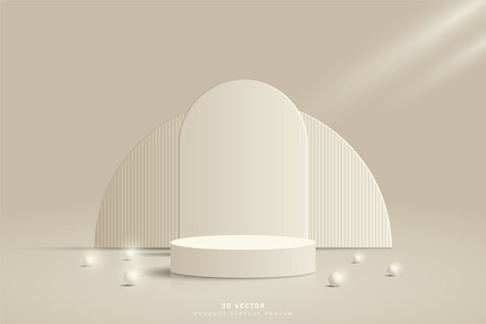 3D Background In Studio Room Rendered With Realistic Cream 3d Cylinder Podium Pedestal Stage, Arch Shape, Half Circle Backdrop And Glowing Sphere Balls. Minimal Wall Scene For Product Showcase.