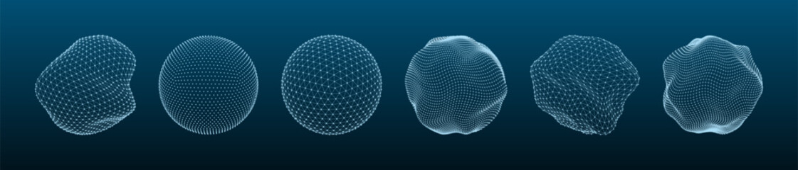 3D shapes mesh. Dotted sphere, line grid globe, stone asteroid wire structure. Polygonal abstract shapes for modern futuristic concept, HUD vector elements © Foxy Fox