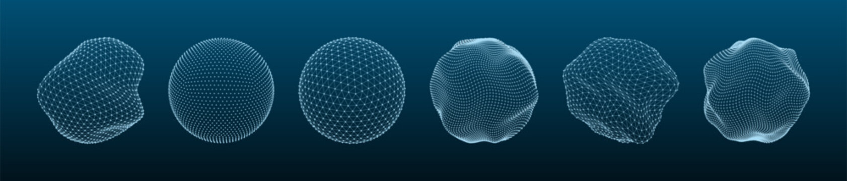 3D shapes mesh. Dotted sphere, line grid globe, stone asteroid wire structure. Polygonal abstract shapes for modern futuristic concept, HUD vector elements