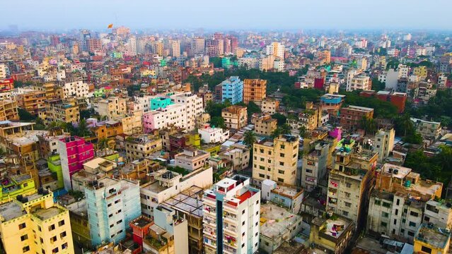 Aerial view descending to colourful Dhaka mega city capital of Bangladesh