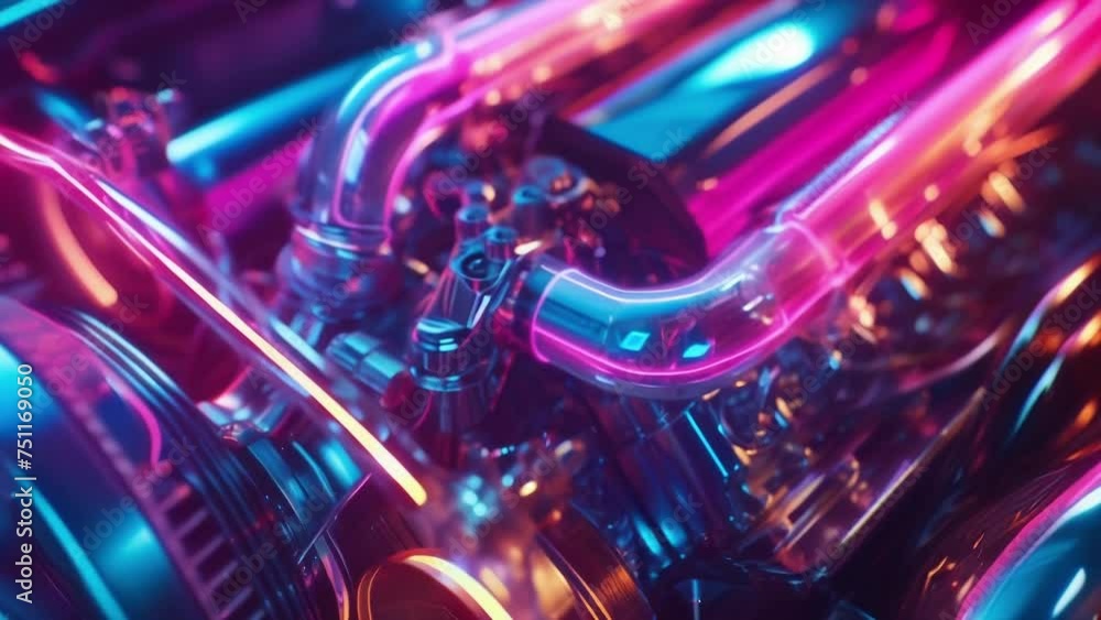 Poster the camera focuses on the intricate details of a custom nitrous oxide system its neon tubing snaking