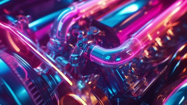 The camera focuses on the intricate details of a custom nitrous oxide system its neon tubing snaking and glowing as it pumps power into the engine.