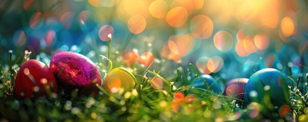 Fototapeta na wymiar Easter eggs in grass with colorful bokeh
