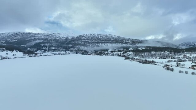 Winter morning above Oppheimsvatnet lake in Voss Norway, aerial