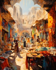Bazaar in Bursa, Turkey. Oil painting on canvas. - obrazy, fototapety, plakaty