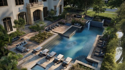 An aerial perspective captures the grandeur of an expansive pool, where water features and upscale loungers create a luxurious outdoor retreat