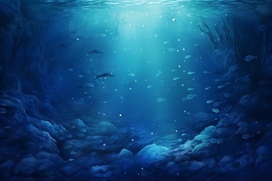 Tranquil Underwater Scene with Abstract Dark Blue Waves and Delicate Dots Resembling Bioluminescent Organisms, Generative AI