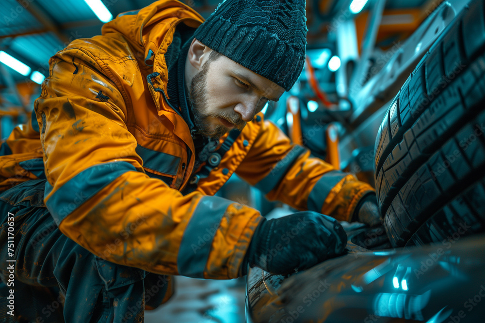 Poster auto mechanic in a workshop changing a car tire on a car