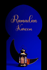 Ramadan Kareem background with golden lantern, crescent moon and Islamic Arabic arch, 3d render. Muslim Holy Month Ramadan Kareem vertical wallpaper design.