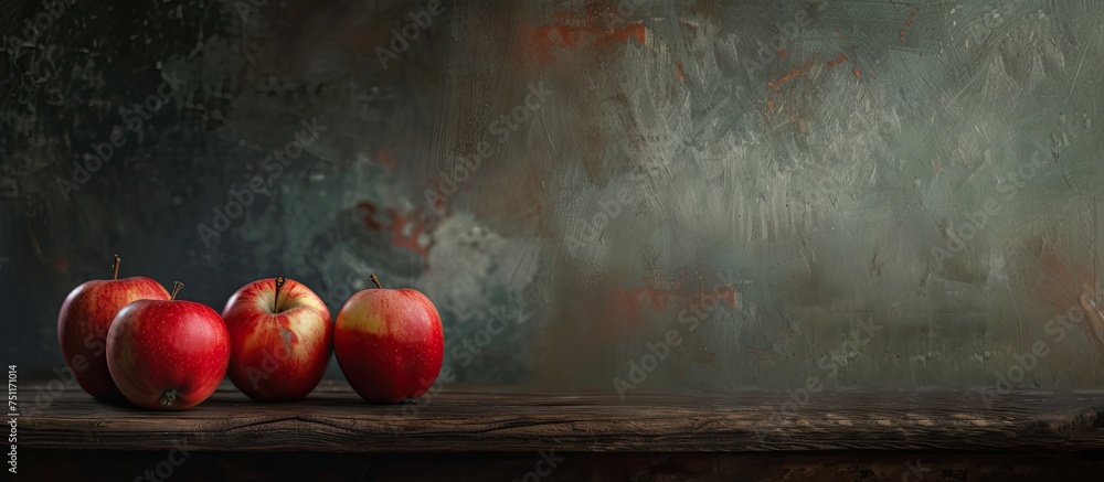 Poster a group of fresh apples is neatly arranged on top of a rustic wooden table in a studio setting. the 