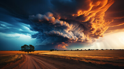 A breathtaking swirl of storm clouds in the sky above a serene field. Atmospheric phenomena in nature. Generative AI