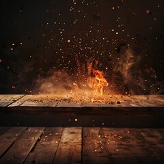 A wooden table with a dramatic fire burning at its edge, creating an intense backdrop for product display