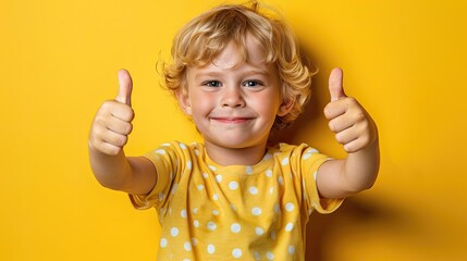 Child in yellow polka dot shirt giving thumbs up.