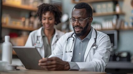 Black man, healthcare and tablet with patient for consultation, checkup or results at clinic. Medical professional, technology and office for schedule, diagnosis or heart disease of elderly woman - obrazy, fototapety, plakaty