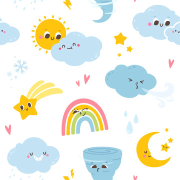 Seamless pattern cloud and sun. Background cartoon weather characters. Wallpaper with cute sunny cloudy sky, texture meteorology signs. Vector print