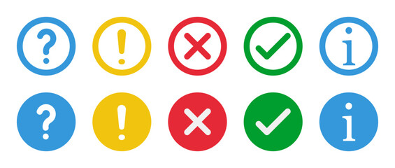 check box, question mark, exclamation point, information sign, round vector icons set