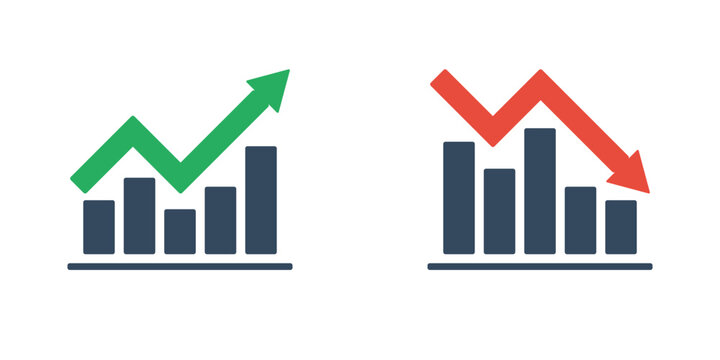 bar chart with rising and falling trend and arrows, negative or positive dynamic concept