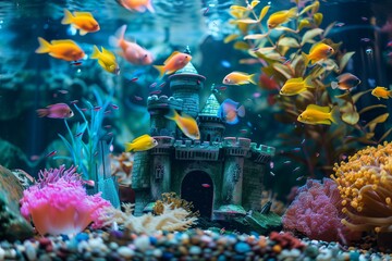 fairytale castle themed fishtank with colorful fish