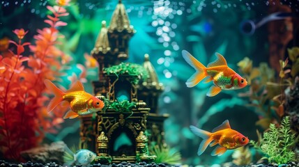 fairytale castle themed fishtank with colorful fish