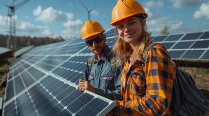 People walking at solar panel plant for inspection, clean energy and outdoor electricity grid maintenance. Sustainability, photovoltaic power and men in talk with renewable system at electrical farm 