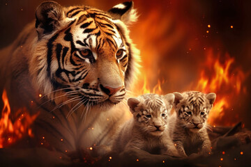 Obraz premium Two tigers briskly walk in front of a raging fire, symbolizing their escape from a dangerous forest blaze