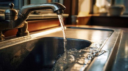 A close-up view of a sink with water running from the faucet, highlighting water conservation and sustainable usage