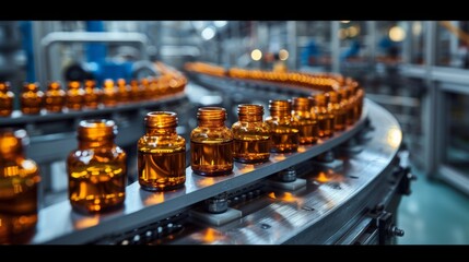 Medical vials on production line at pharmaceutical factory, Pharmaceutical machine working pharmaceutical glass bottles production line - obrazy, fototapety, plakaty