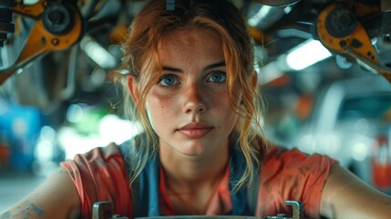 professional mechanic woman, worker working repair leaning under a vehicle in a garage, Auto car repair service center. Mechanic examining car suspension