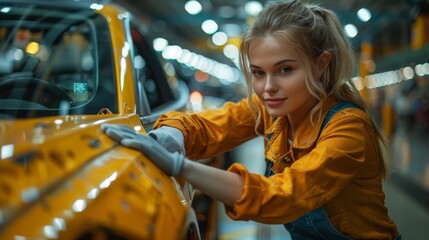 Confident female worker checking detailing expert EV car getting ready to use in a modern automotive manufacturing with skillfully operating high tech machinery 