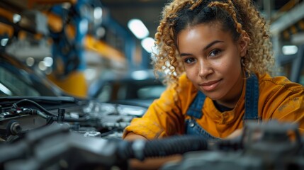 Confident female worker checking detailing expert EV car getting ready to use in a modern automotive manufacturing with skillfully operating high tech machinery
