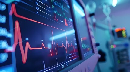 heart beat graph waves on monitor in hospital