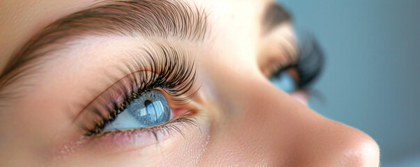 A detailed view of a womans eye showcasing long eyelashes created with eyelash extensions and makeup in a beauty salon