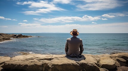 Naklejka premium A rear view of a sitting lonely man watching the seascape, waves on a sunny day.