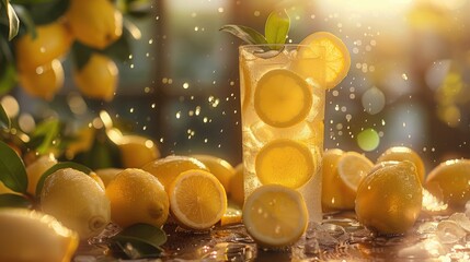 National Lemonade Day. Golden light filters through a lemon grove, highlighting glasses of icy lemonade adorned with lemon slices, epitomizing refreshing summer beverages.