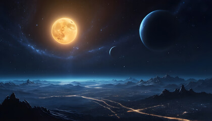 an alien landscape with two planets and mountains