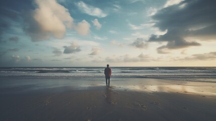 A rear view from afar of a lonely man at the beach watching the seascape, waves at sunset. Travel, Nature, Ocean concepts. - obrazy, fototapety, plakaty